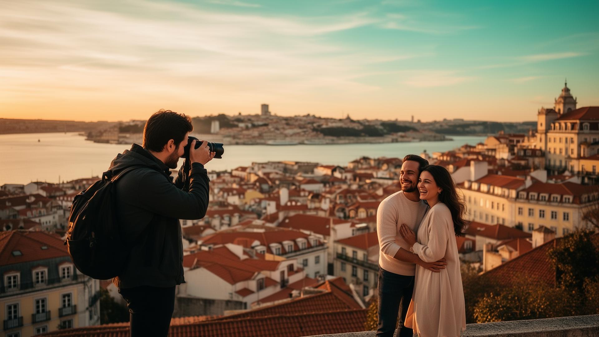 Photographer capturing tourists at golden hour